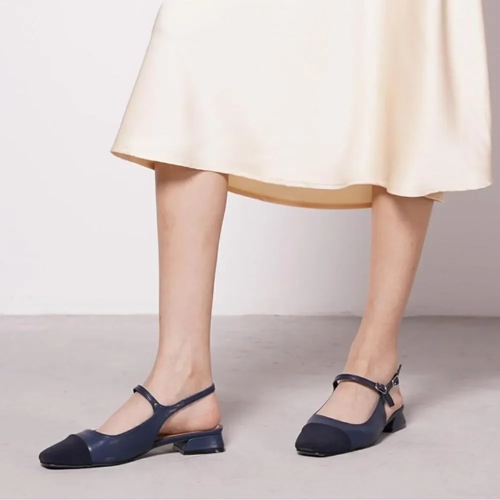 C.Paravano Navy Leather Square Toe Slingback Flats - Picture 5 of 9